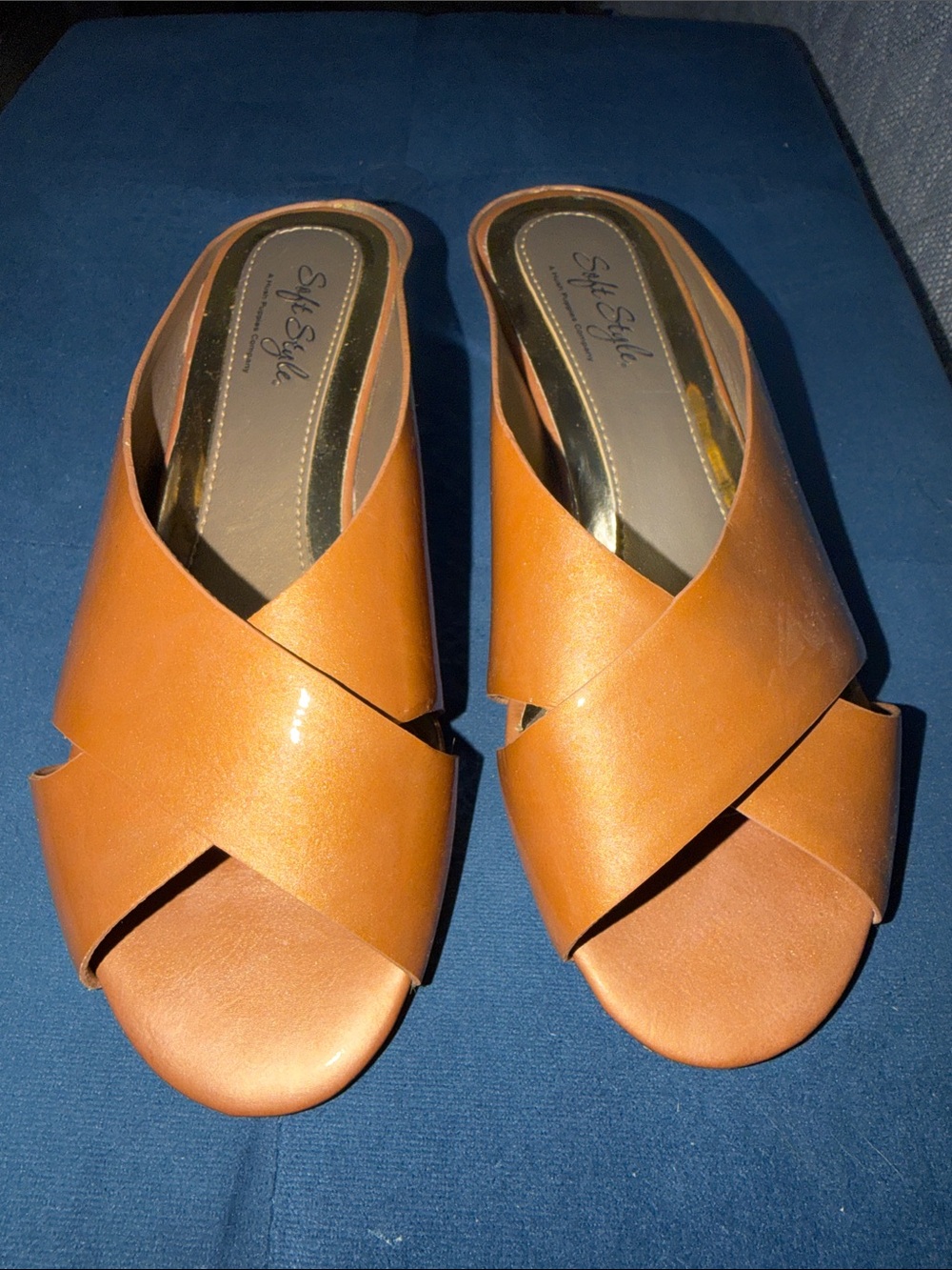 Soft Style Women's Tan Cross-Band Slide Mules